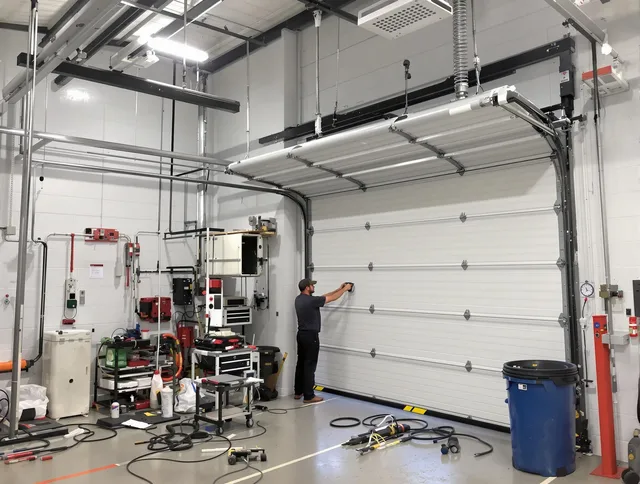 Norton Garage Door Repair certified technician performing commercial door repair at a Norton business facility