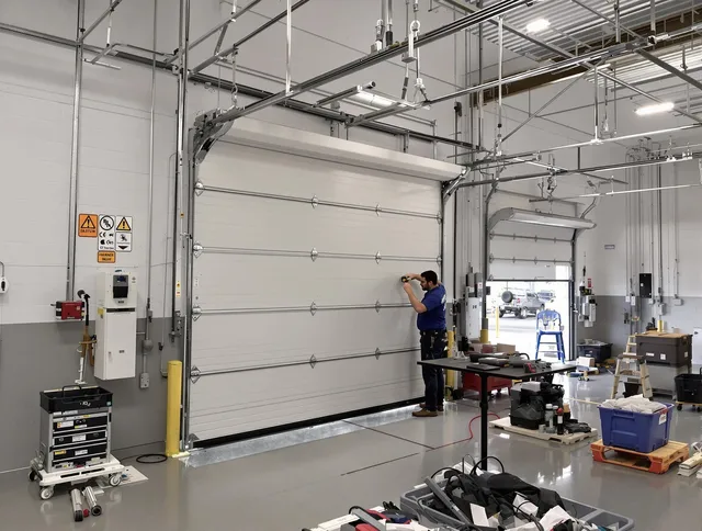 Commercial garage door repair being performed by Norton Garage Door Repair expert in Norton